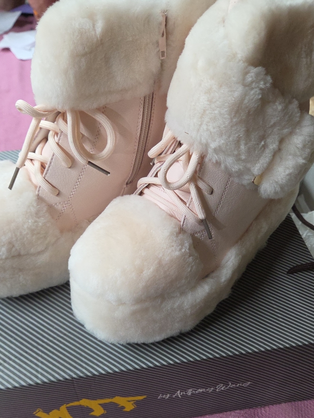 Anthony Wang Plush Faux-Fur Lace-Up Winter Boots in Blush Pink